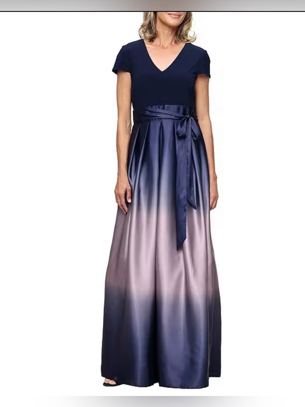 SL Fashion Elegant V-Neck Ombre Satin Maxi Dress with Waist Sash - Navy